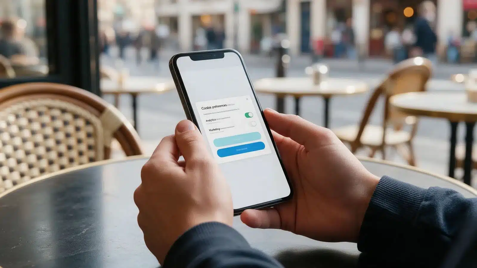 Visitor choosing cookie consent settings for analytics and marketing on a mobile preferences panel with equal accept and reject buttons