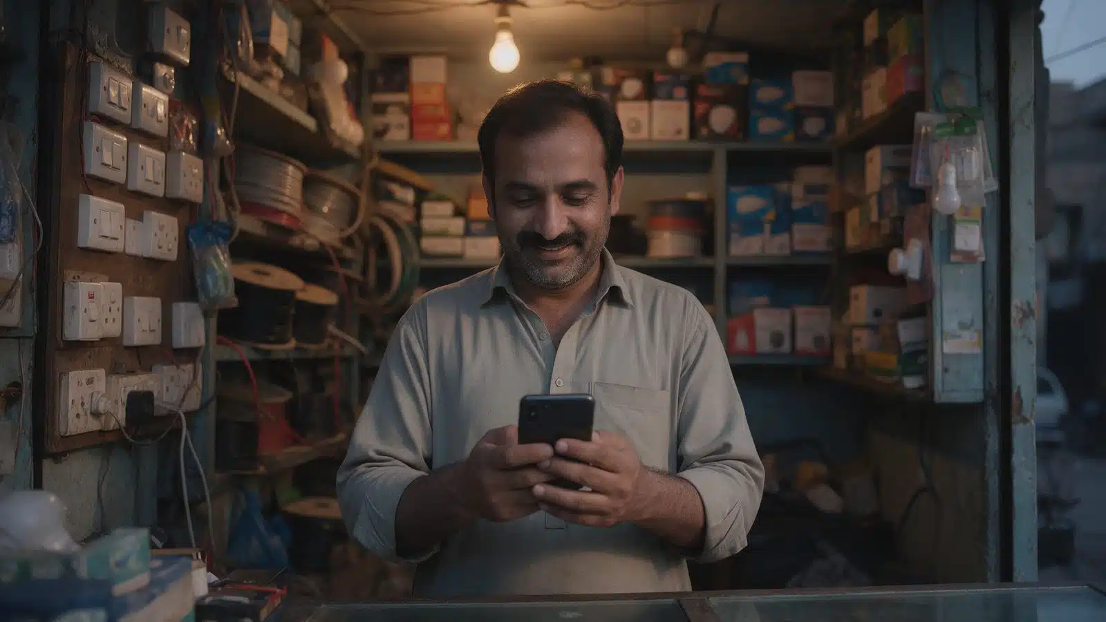 Shopkeeper at the counter using bespoke POS software for billing and stock