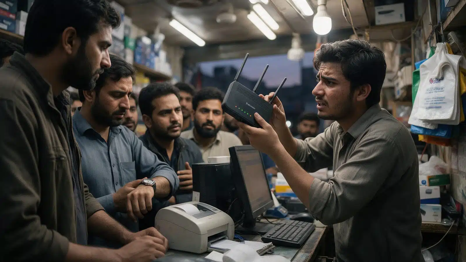 Stressed salesman checking a router as customers queue at a Rawalpindi counter, the risk FBR POS integration must handle