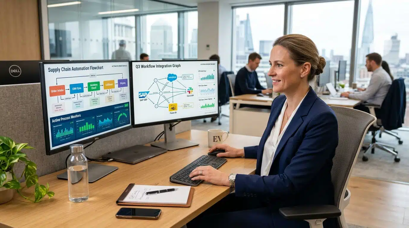 Small business manager reviewing a workflow set up to automate repetitive tasks with AI