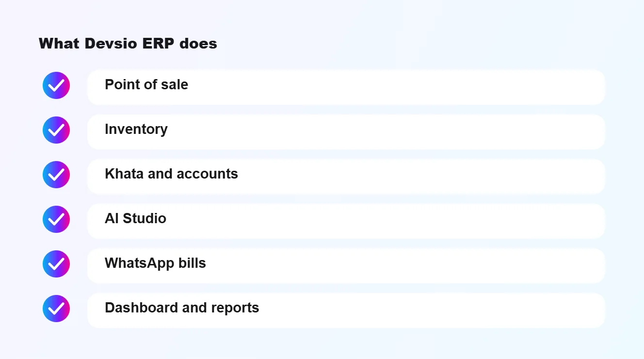 What Devsio ERP does: Point of sale, Inventory, Khata and accounts, AI Studio, WhatsApp bills, Dashboard and reports