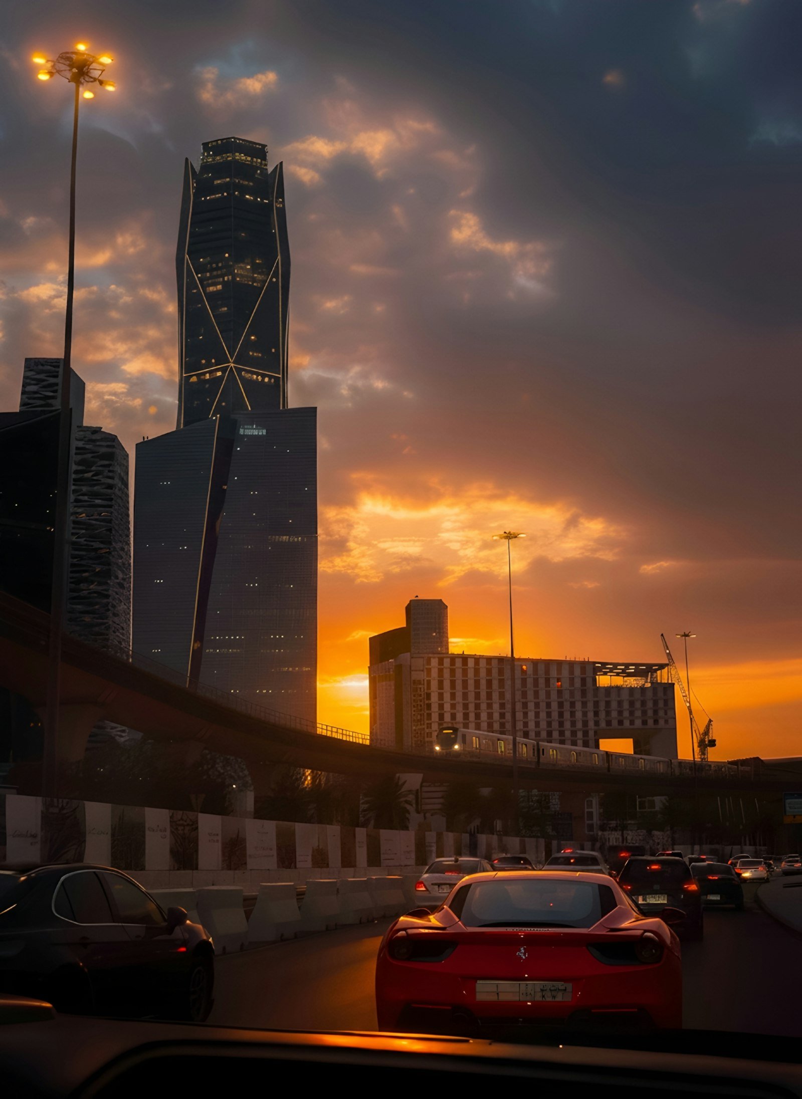 Riyadh skyline and KAFD towers at sunset with traffic on the highway